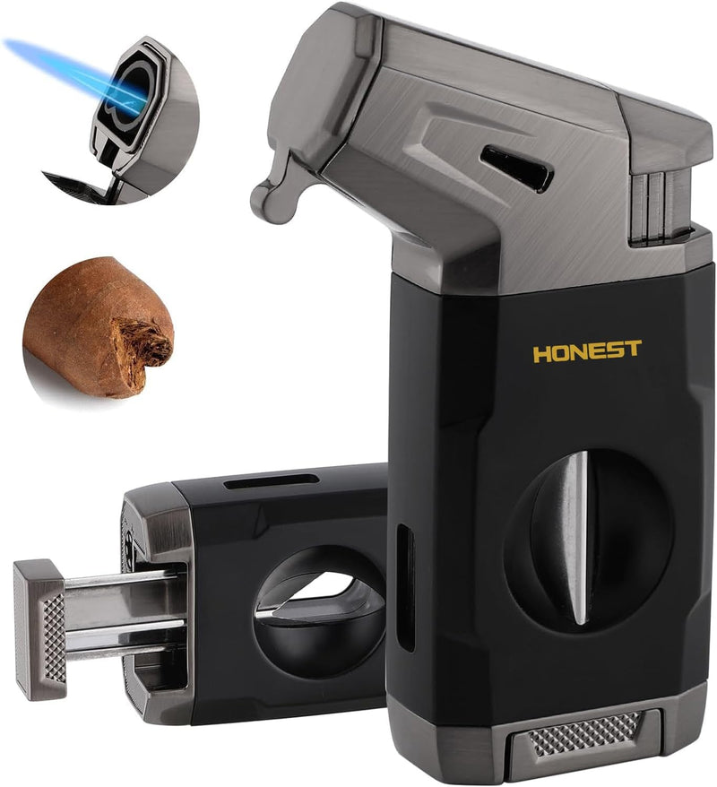 HONEST Torch Cigar Lighter with Windproof Jet Flame, Built-in V Cigar Cutter, Gift for Christmas, Refillable Butane Torch Lighters, All-in-one Cool Lighters for Smoking