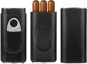 Cigar Case Leather, Travel Cigar Humidor 3 Tube with Stainless Steel Cutter