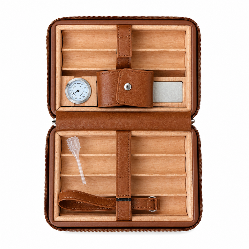 A simple and portable cigar box, a cedar wood humidor, a smoking set for travel and work.