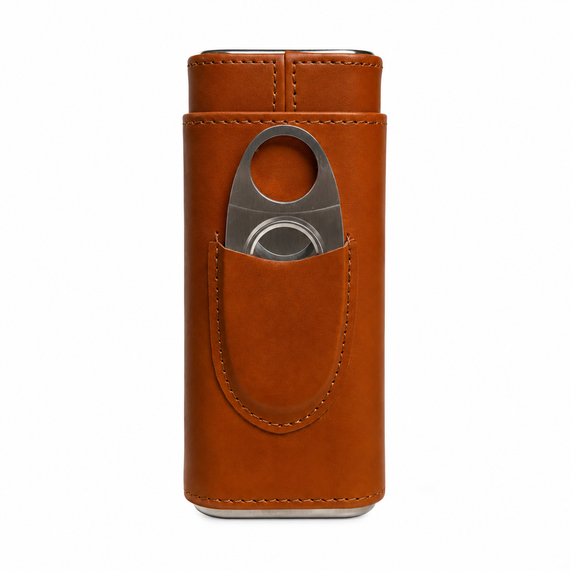 Cigar Case Leather, Travel Cigar Humidor 3 Tube with Stainless Steel Cutter