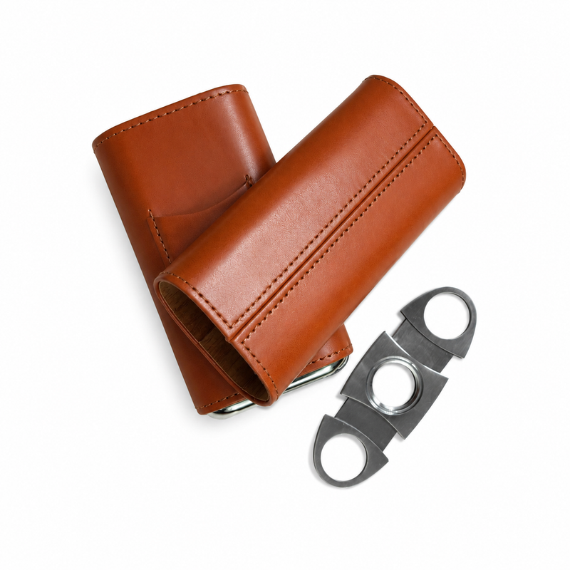 Cigar Case Leather, Travel Cigar Humidor 3 Tube with Stainless Steel Cutter
